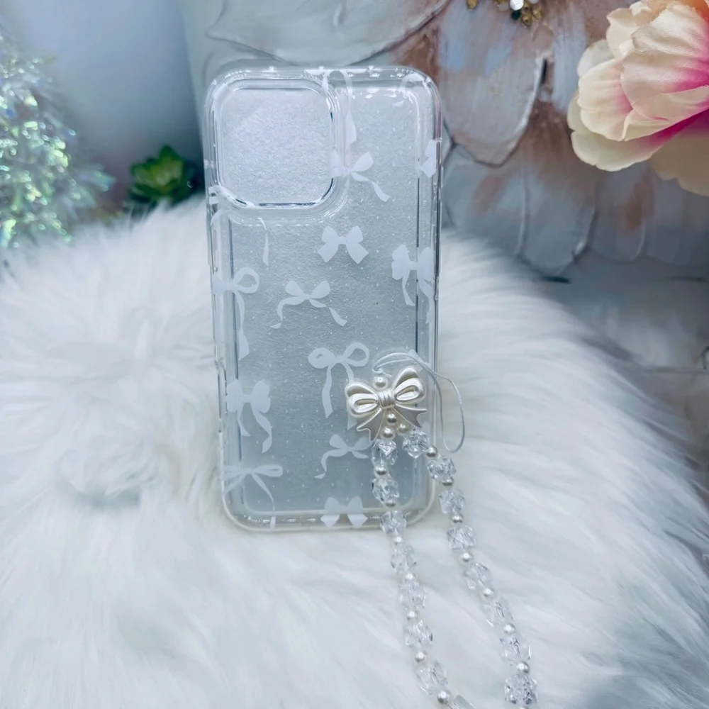 Chic iPhone 16 Pro Max White Bow Theme Clear Case w/ matching bead charm